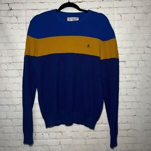 Original Penguin Mens Blue Yellow Stripe Crew Neck Waffle‎ Knit Sweater Size M